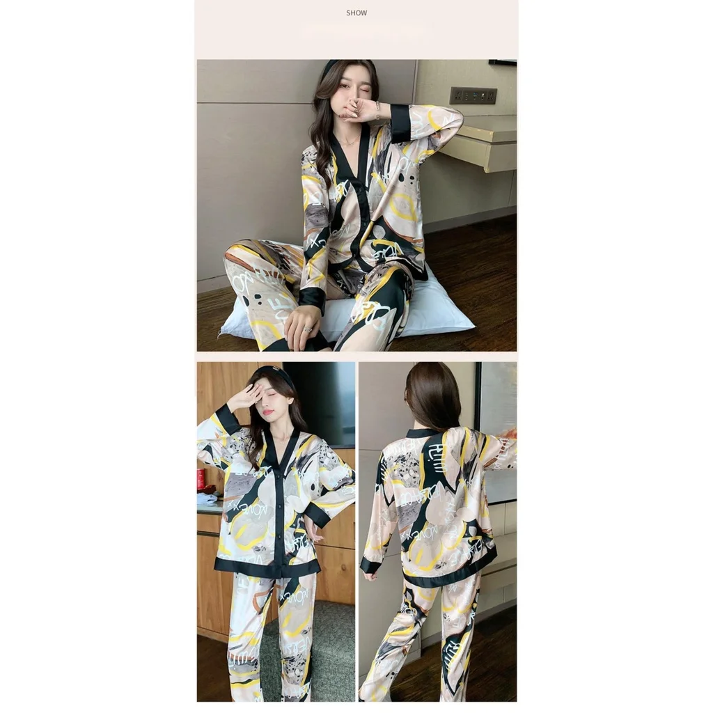 Lisacmvpnel Ice Silk Pajamas Women\'s Spring Autumn New Light Luxury Satin Chiffon Set Sleepwear