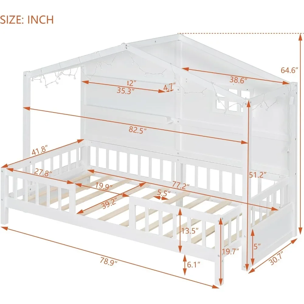 Twin Size House Bed with Storage Shelves and Fence,Sparkling Light Strip on The Roof for Children Teens Adults