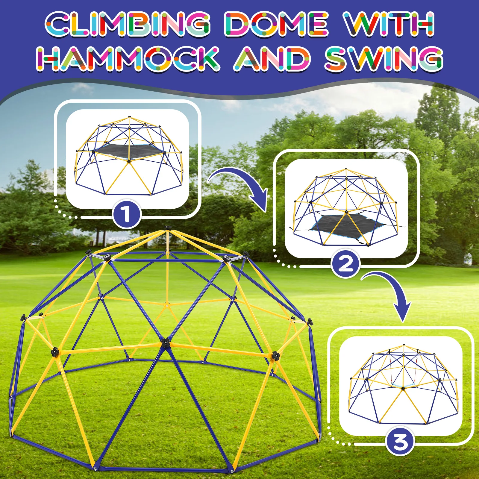 Climbing Dome, 10FT Outdoor Jungle Gym with Hammock and Swing, Supports 1000lbs Outdoor Climbing Toys for Kids Ages 4-8