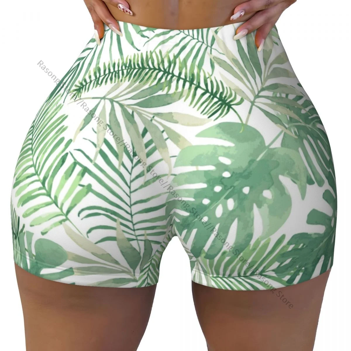 Women Yoga Shorts Green Leaves Pattern Workout Shorts Fitness quick-dry Ladies Yoga Gym Running Short Pants Sportswear