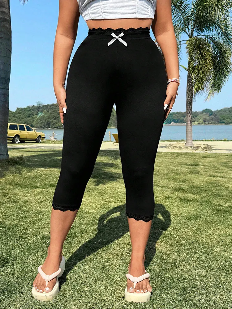 クリアランス エレガント ソリッド レーストリム プラスサイズ レギンス デイリー 快適 ブラック スリムフィット クロップドパンツ ファッションアイテム レディースパンツ