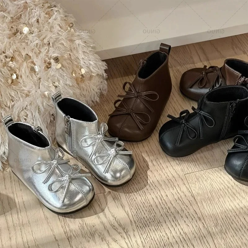 

Girls Ankle Boots with Side Zipper Kids Short Boots Korean Style Double Hook&loop 2025 New Children Leather Boots Princess Style