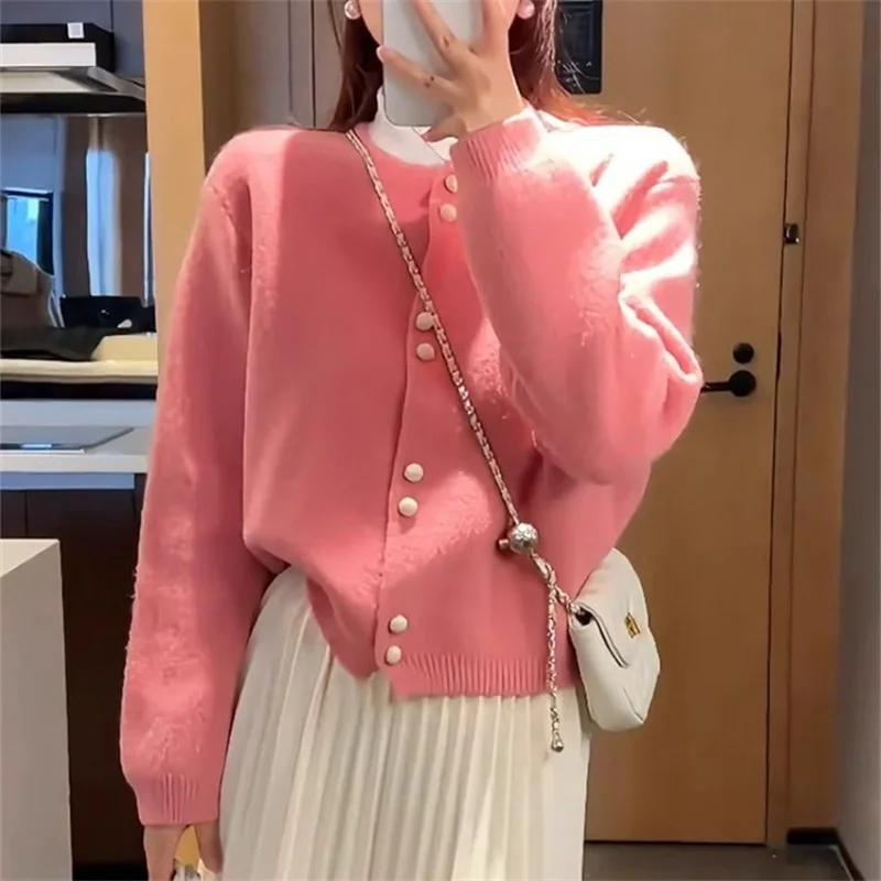 レディースニットセーターカーディガン春秋毛玉なし長袖丸首レギュラー丈アウター広州十三工場