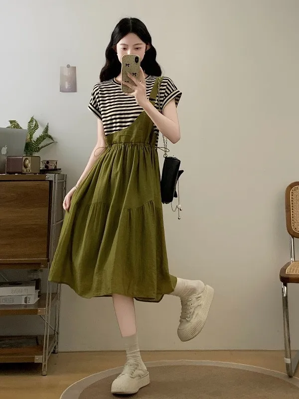 High Waist A-Line Midi Dress with Drawstring Waist Slimming Stripes Two-Piece Look Frock for plus Size Women Summer Commute