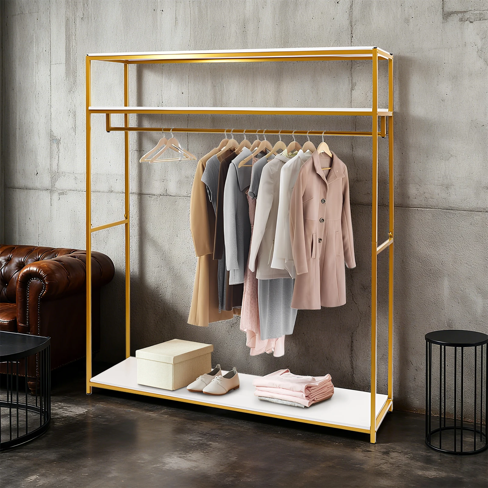 Hochwertiger Kleiderständer aus Stahl, eleganter offener Kleiderschrank in Gold mit Regalen, stabiler Organizer für Mäntel und Schuhe, modernes Kleiderständer