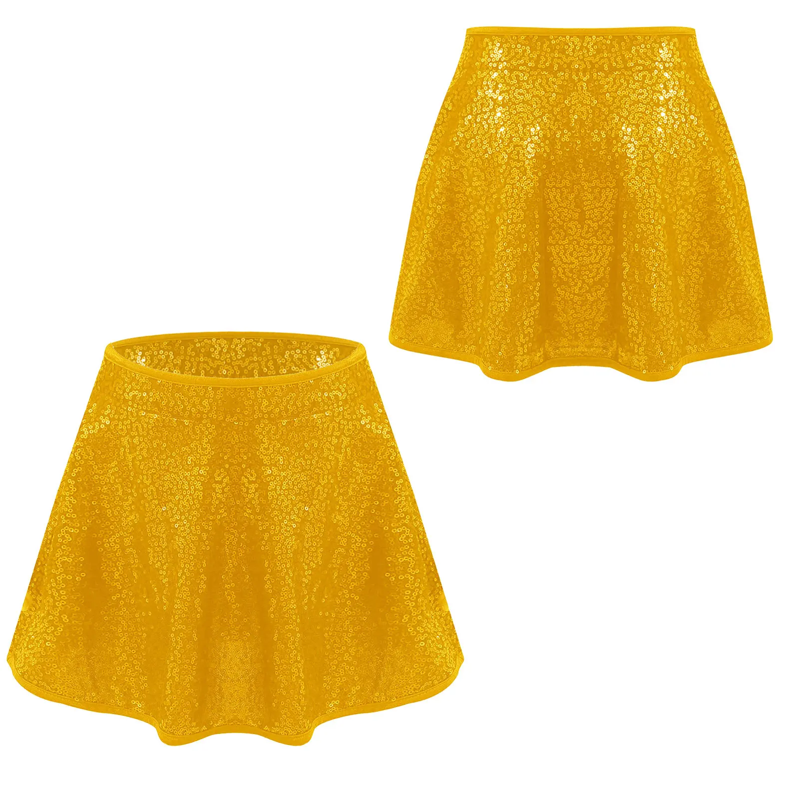 Kids Girls Gymnastics Dance Skirt Shiny Sequins Adorned Stretchy Waistband Built-in Briefs Dance Skirt for Latin Jazz Show