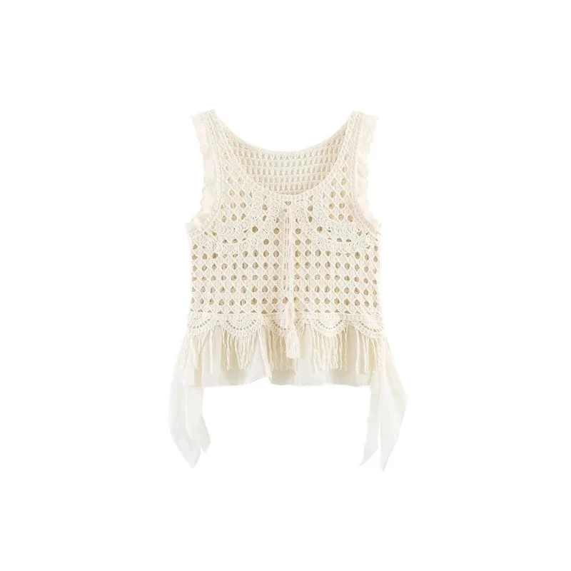 

Summer Vacation Style Hollow Out Loose Tank Top Women's Knitted Layering Shirt Cotton Regular Fit Sun Protection Tops