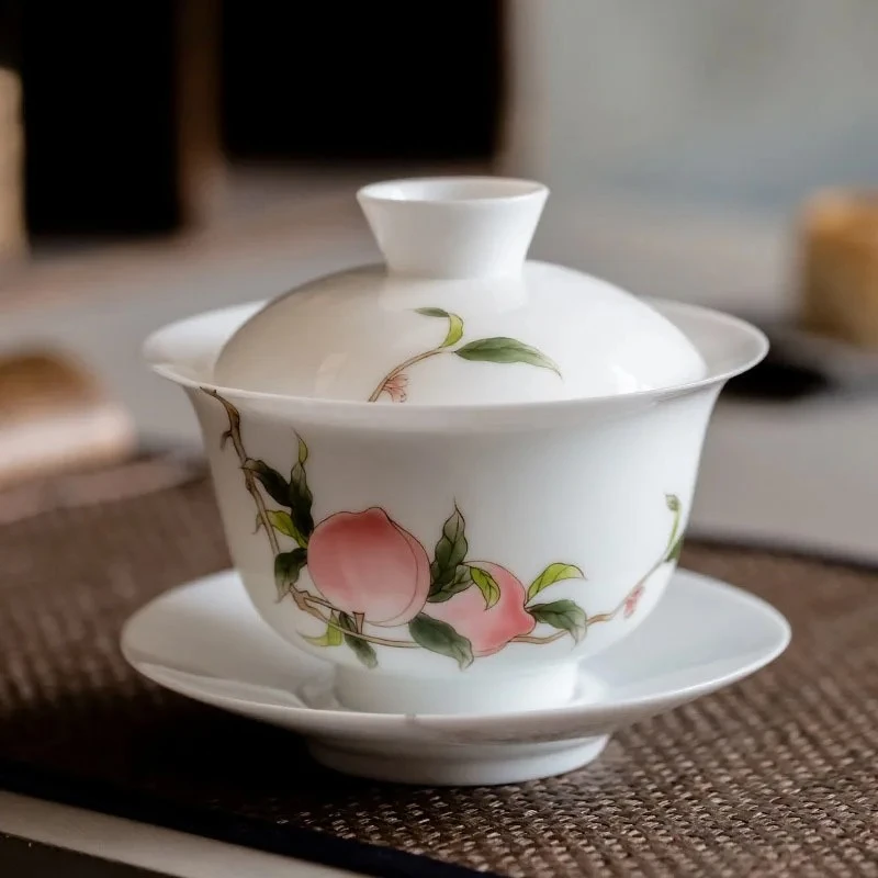 175ml White Porcelain Tea Tureen Sancai Covered Bowl Single Tea Cup Hand-painted Longevity Peach Sweet Gaiwan Kung Fu Teaware