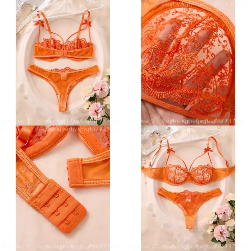 Sexy Orange Lace Lingerie Set Women Push Up Bra and Panty Butterfly Bow Underwear Female Intimates Sleepwear ZA824057