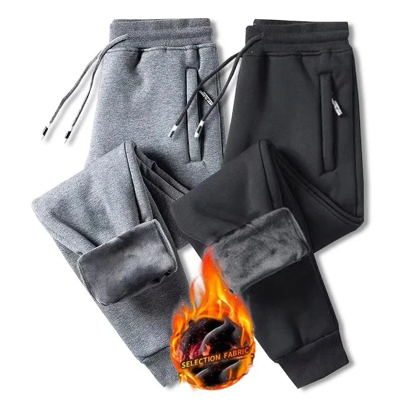 Calça de moletom grossa de pele masculina, calça com cordão, veludo quente, corredores amarrados no tornozelo, inverno