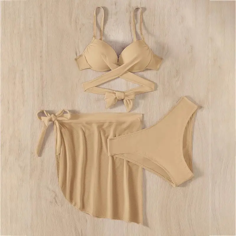 

X9FF Женское бикини на шнуровке с пляжной юбкой, однотонный купальный костюм из 3 предметов для пляжной одежды