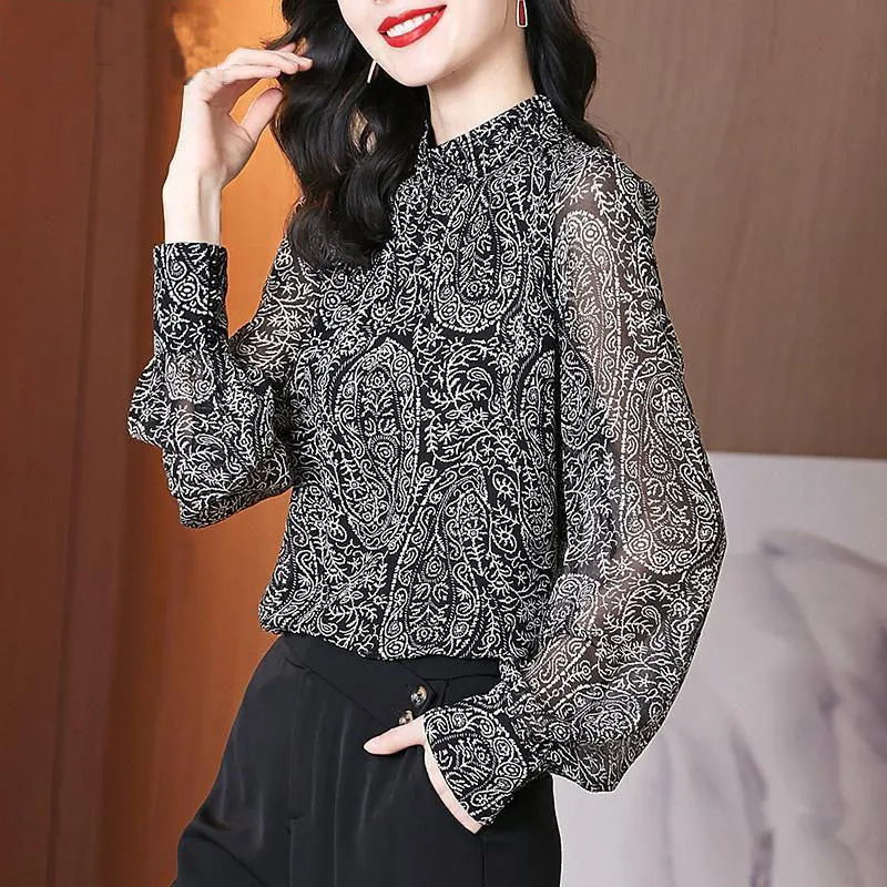 New Spring Autumn Vintage Chiffon Shirts for Women Fashion Casual Korean Print Oversized Blouse Long Sleeve All-match Top Female