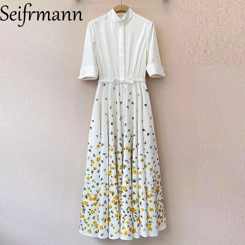 Seifrmann 2026 Frühling Damen Neue Mode Revers Mittellange Ärmel Baumwolle Bedrucktes Tailliertes Langes Kleid