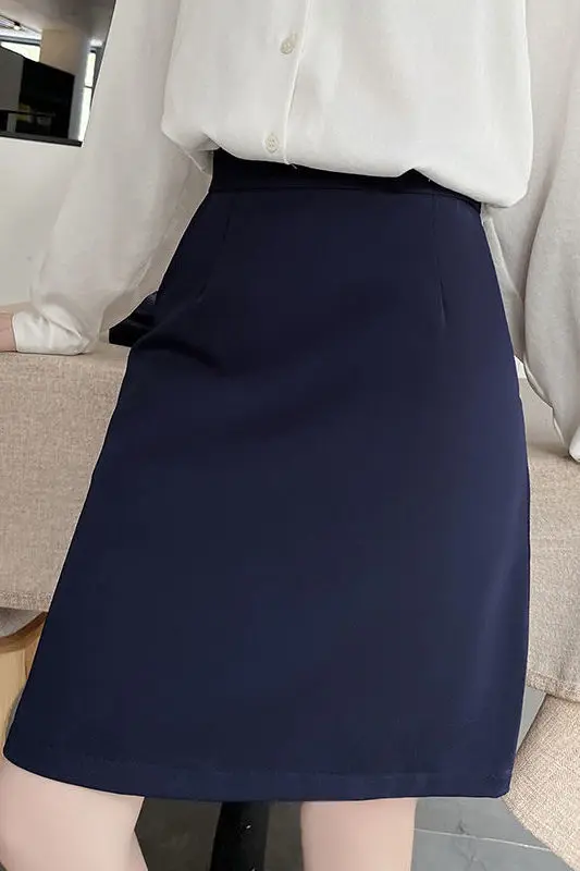 Saias femininas avental de algodão retalhos saia alargamento cafeteria workwear retro utilitário bolso moderno mulher madura escritório wear