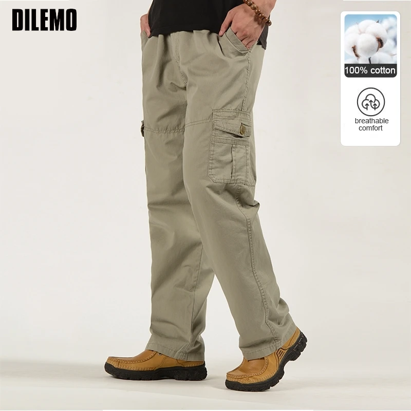 

Премиум 100% хлопок без глажки с карманами карго свободные прямые дышащие весенне-осенние повседневные модные длинные брюки мужские брюки