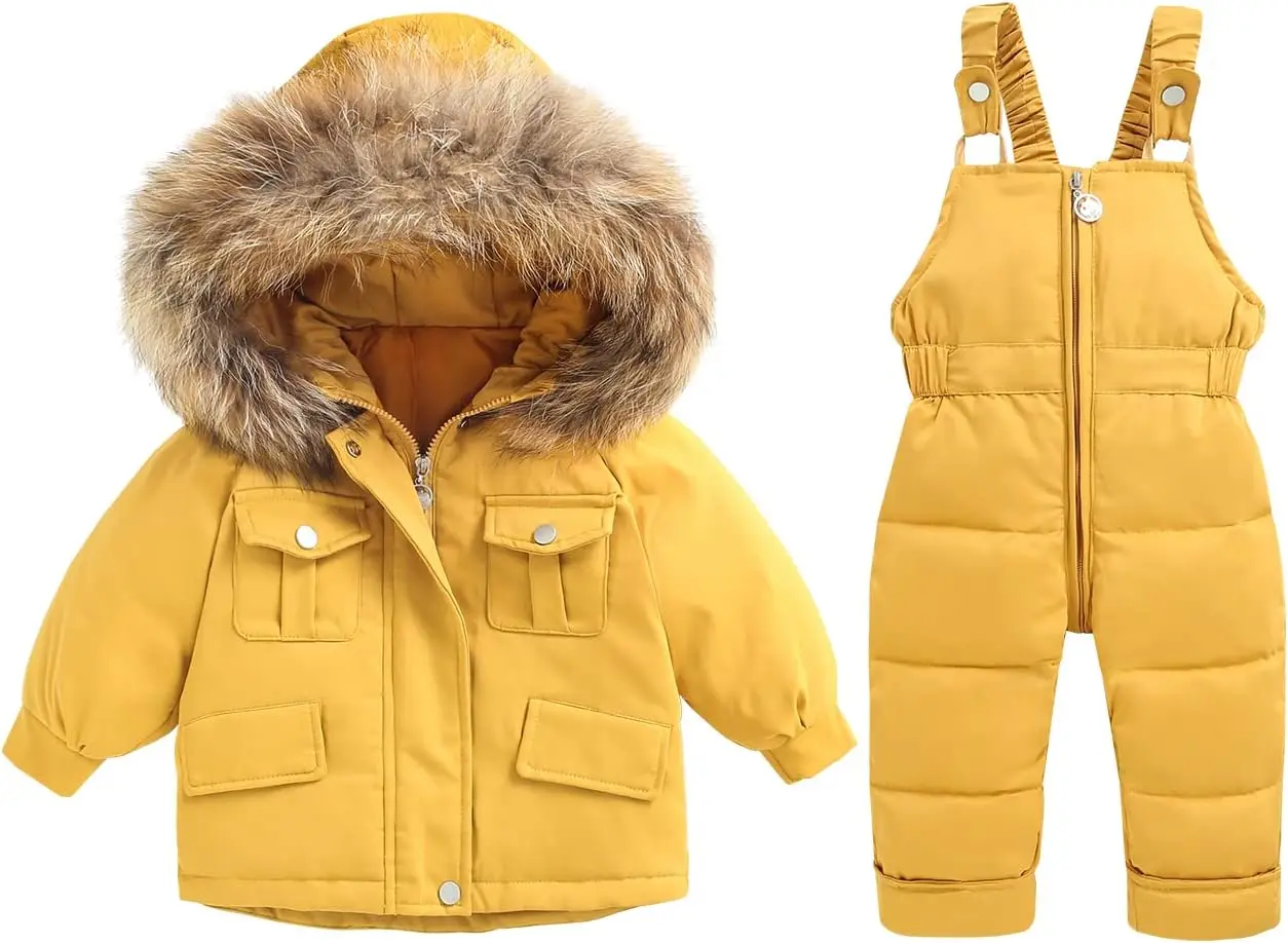 2025 Winter Cozy Yellow Color Fur Collar Toddler Boys Snowsuit Girls Snow Pant and Jacket Bib Kids Stylish Clothes Coat