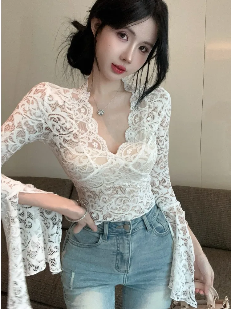 

White Lace Bell Sleeve Top Sexy Pure Desire V Neck Micro Translucent Base Shirt Women's Slim Fit Autumn Design Sensual Lady