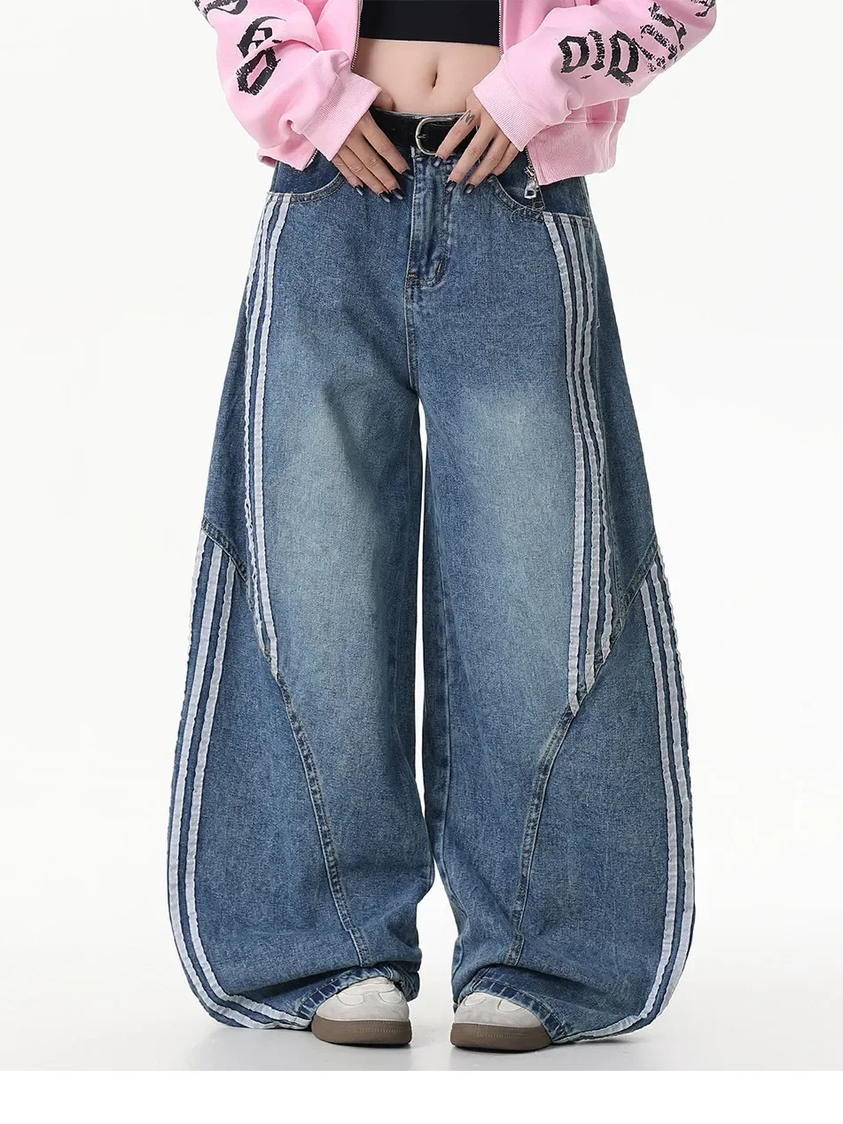 American Retro Deconstructed Three Bars Knife  Jeans Women's New Large Size Fat MM Slim Striped Patchwork Wide Leg Pants