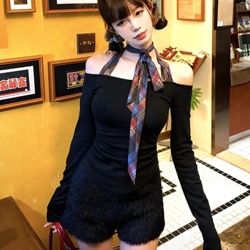 

Корейская версия, женский топ в клетку с бантом на одно плечо, пикантный женский топ на весну и лето, универсальный новый стиль