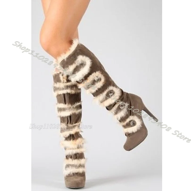 Flock Fur Decor Stiletto Boots Round Toe High Heels Women Shoes British Style Party Stylish Party Shoes 2023 Zapatos Para Mujere