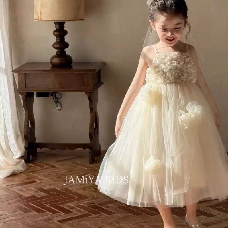 

New Dreamy Three-Dimensional Flower Strap Mesh Puffy Birthday Dress for Girls, Princess Dress