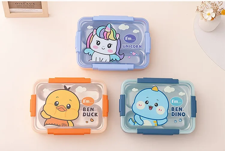 4grid Bento Box Portable Food Storage Cartoon Lunchbox  Leakproof Food Container Microwave Oven Dinnerware Students Kids