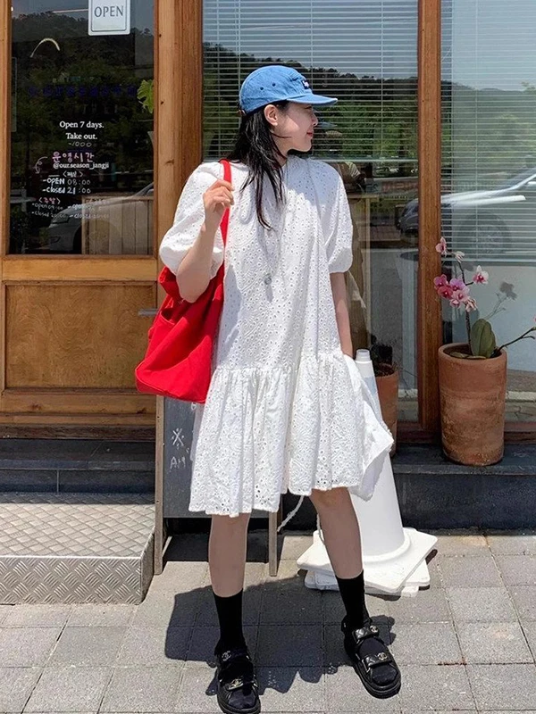 

plus Size 300 Pounds White Bubble Sleeve Dress Women Loose Mid-Length Fashionable Youthful Summer Dress A-Line Skirt
