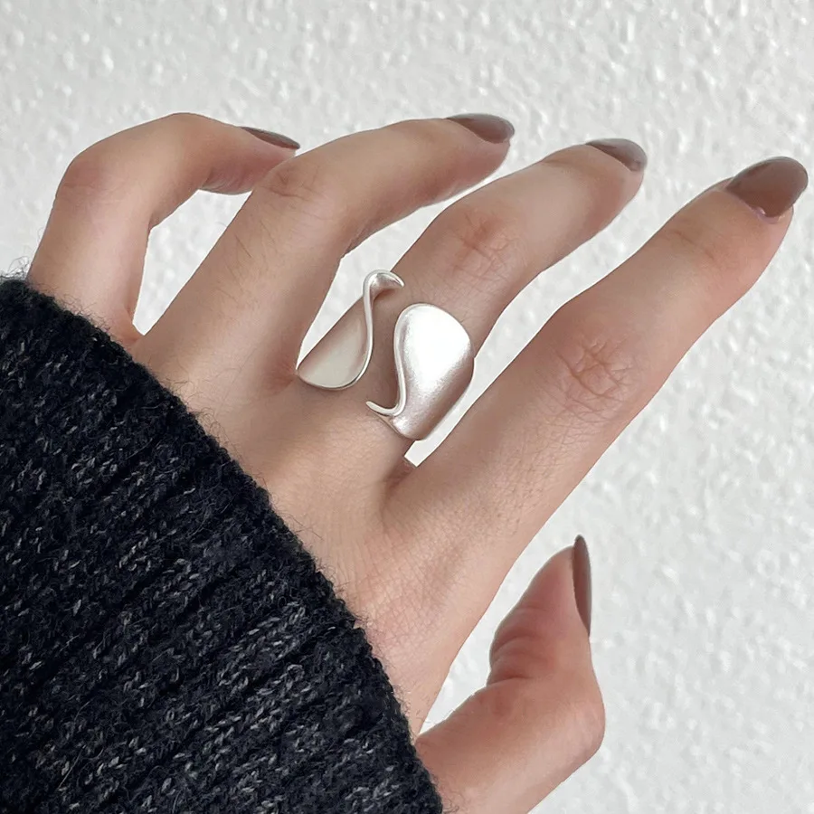 

925 Sterling Silver Matte Ripple Wide Face Ring Fashionable And High-end Texture Layered Open Ring For Women