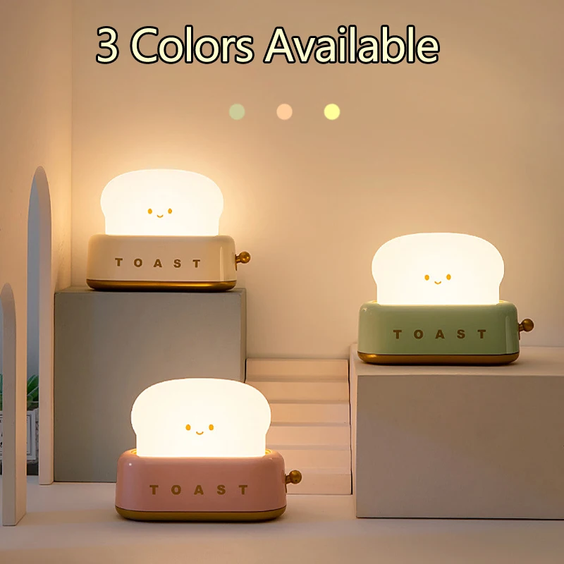 Cute Smile Face Toaster Night Light Rechargeable Dimmable Toast Shape Bedside Lamp Creative Desktop Decor Bedroom Room Gift