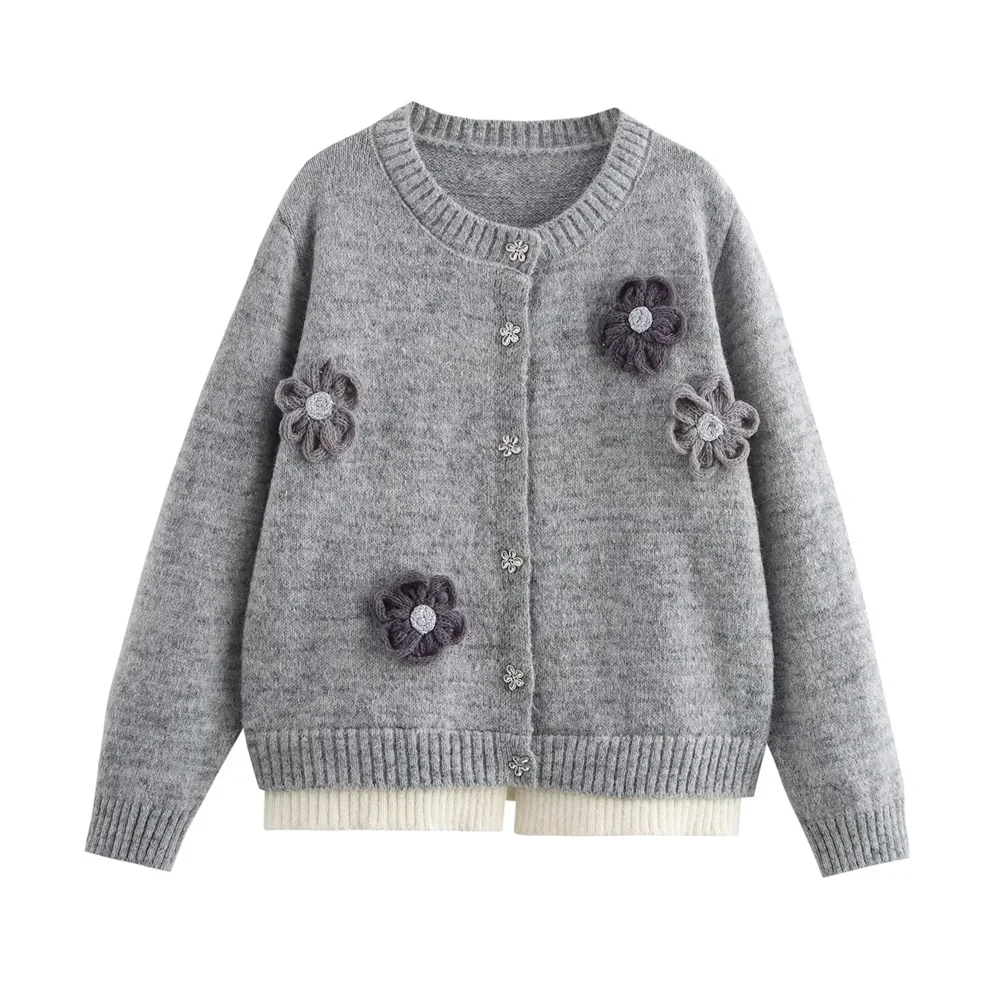 2025 Taop&Za Damenpullover, grauer Strick-Cardigan mit 3D-Blumenverzierungen und mehrlagigem Saum für einen süßen Look