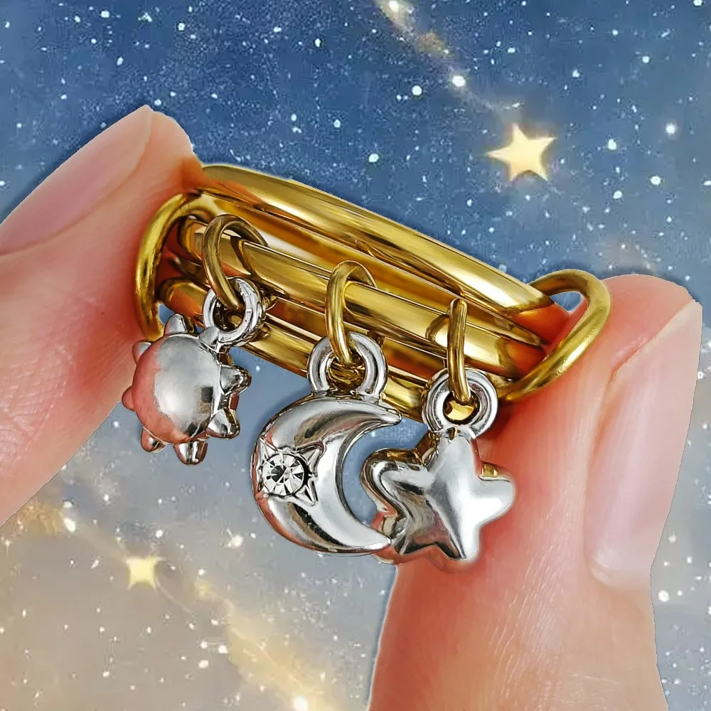 Moon Sun Star Pendant Rings Stack Set For Women Female Romantic Charm Gold Color Stainless Steel Interlocked Ring Finger Jewelry