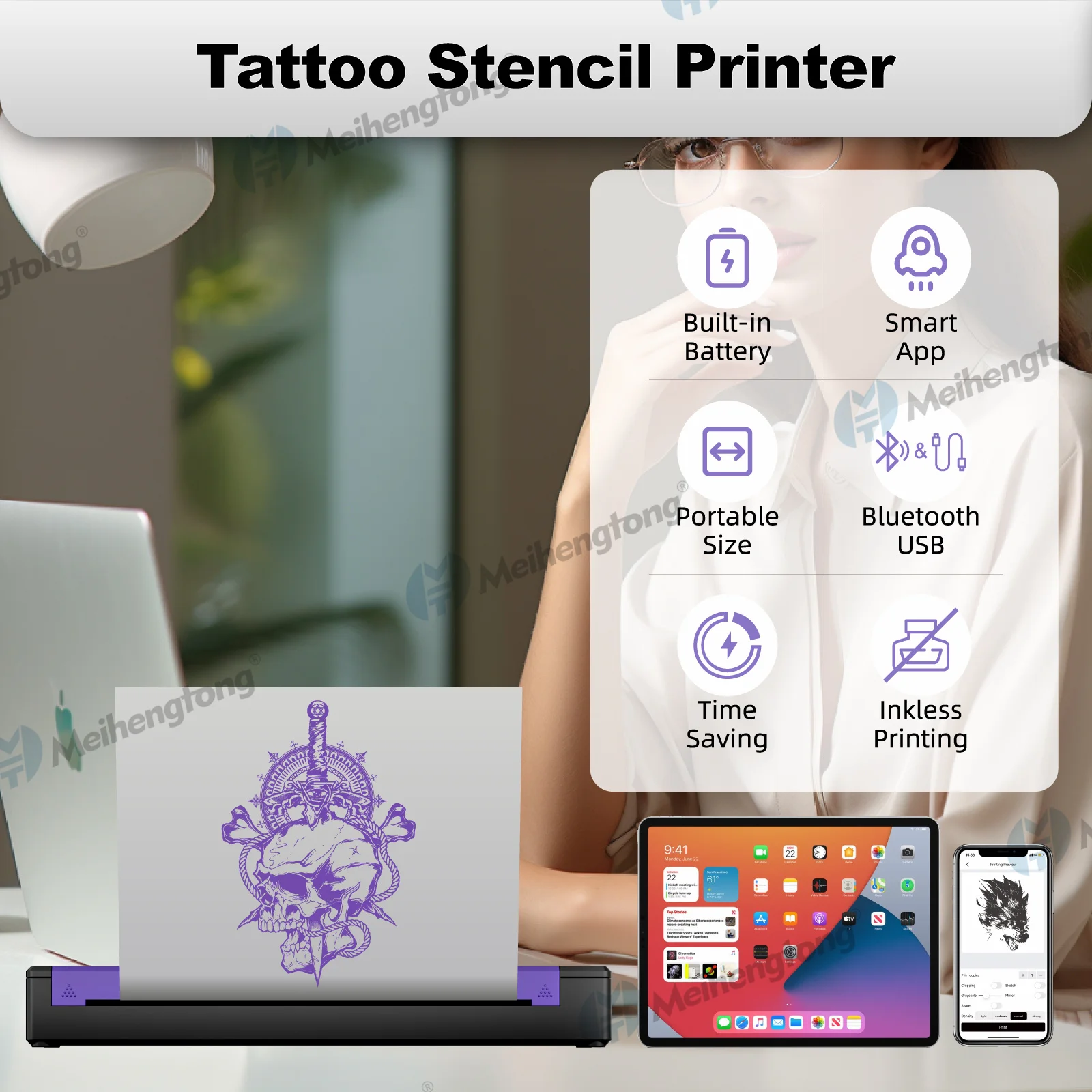 MHT-Bluetooth A4 Size Thermal Tattoo Stencil Printer Portable Tattoo Stencil Printer Thermal Copier Transfer Machine Training