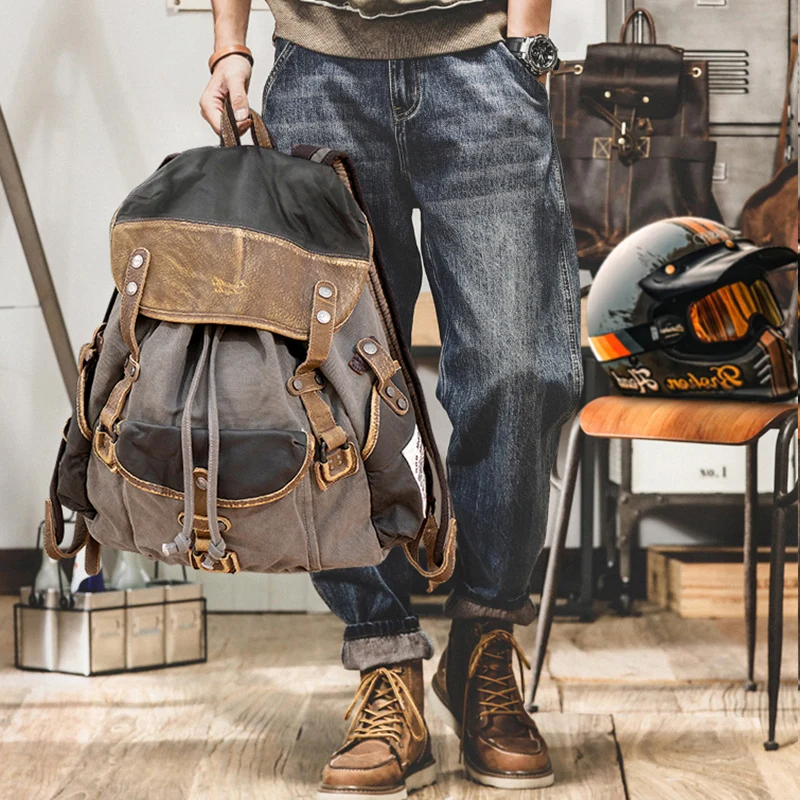 Retro Canvas Leather Backpack Tactical Large Capacity Bicycle Riding Soldier Helmet Double Shoulder Bag Unisex Daily Use