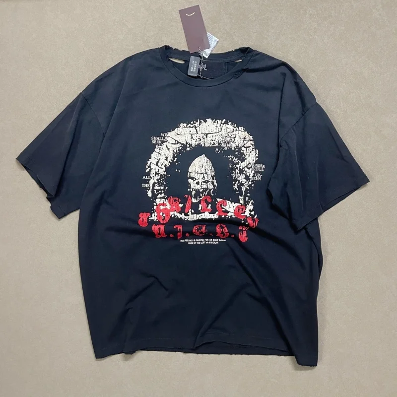 Paly No. 11 Skeleton Print Distressed Vintage T-Shirt- Summer Hip-Hop Casual Tops