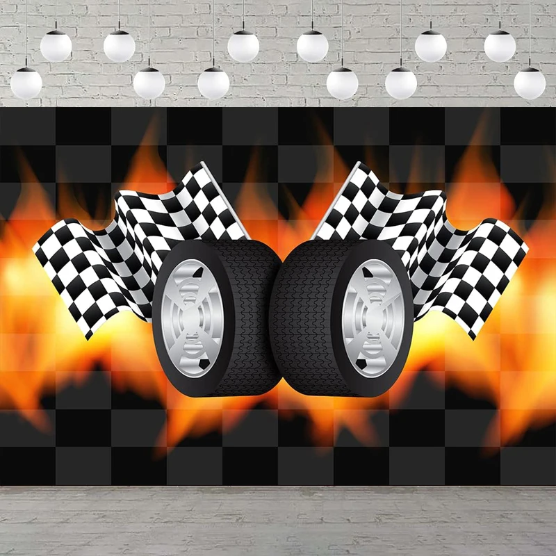 Photography Backdrop Racing Car Black And White Flag Black Flame Background Themed Party Decor Banner