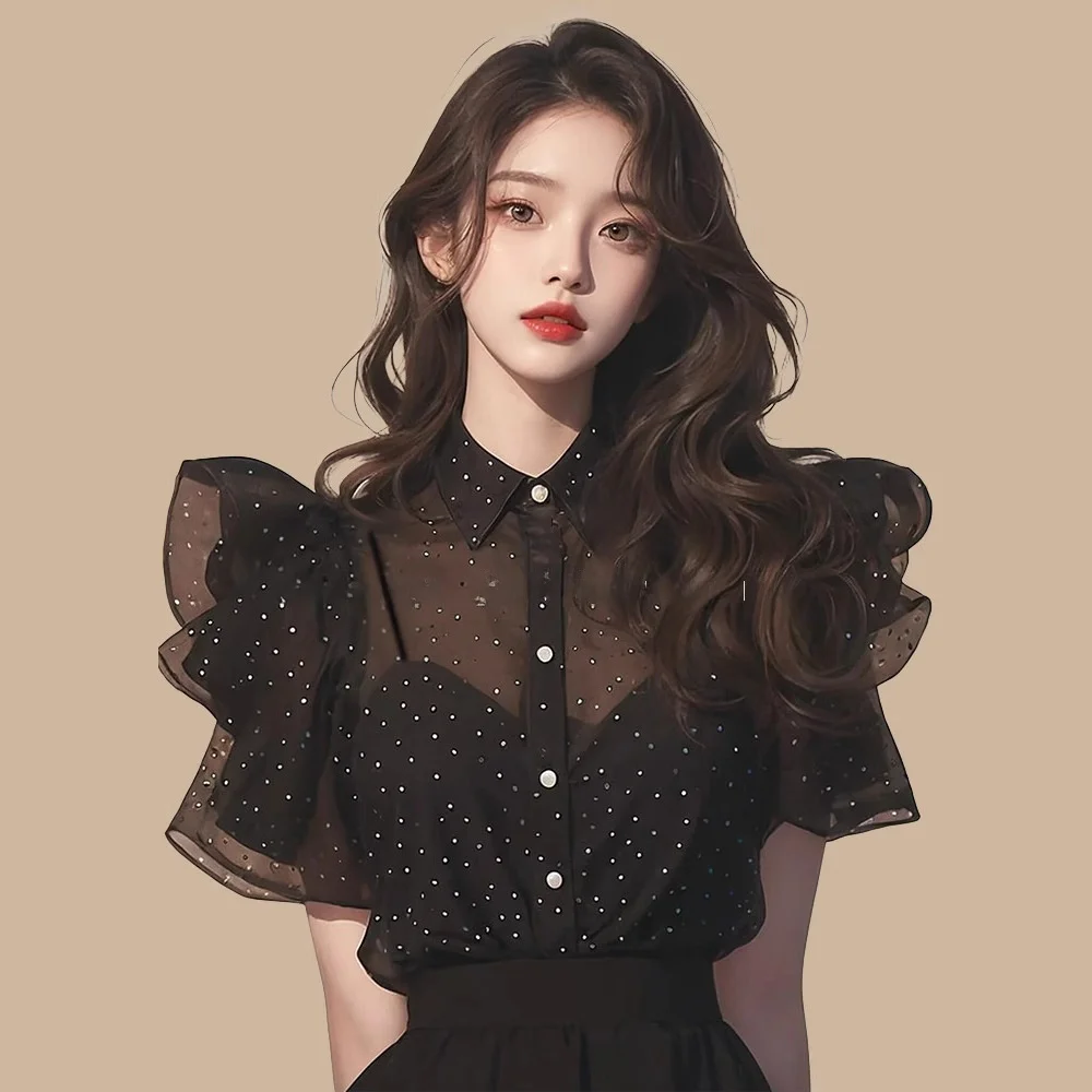 

Шифоновый топ в горошек, красивый маленький женский топ Faion, слегка зрелый, с воротником-стойкой, лето 20л