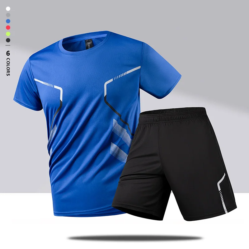 New Active Quick Dry Crew Neck T Shirts Shorts Set Men Athletic Workout Short Sleeve Clothes Football Running Gym Sports Suit