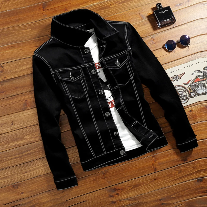 

Мужская джинсовая куртка Slim Fit, модная черная верхняя одежда, повседневная, весенне-осенняя, в корейском стиле, универсальная одежда для студентов, молодежная мода