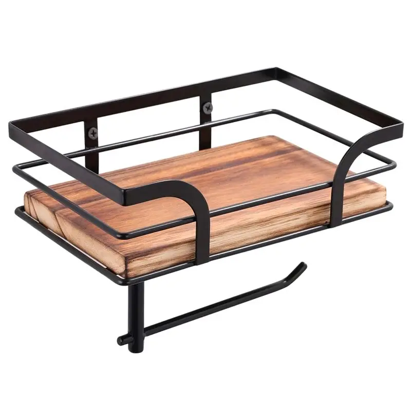 

^Arrival Space-Saving Forged Iron Wall-Mounted Tissue Holder With Recycled Wooden Storage Rack-Eco-Friendly Bathroom Organizer