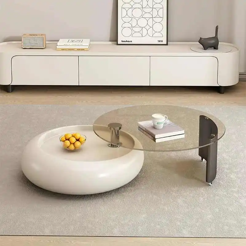 Advanced Luxury Modern Round Tempered Glass Coffee Table Small Apartment Designer Style Durable Rotating Cream Color Living Room