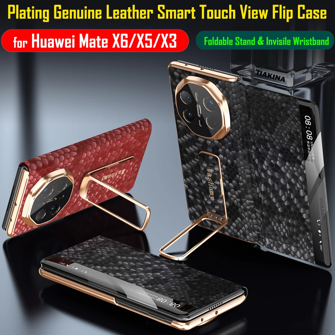 

Откидной чехол из натуральной кожи с покрытием для Huawei Mate X6 X5 X3, чехол Smart Touch View, невидимый браслет, поворотная подставка, принципиально