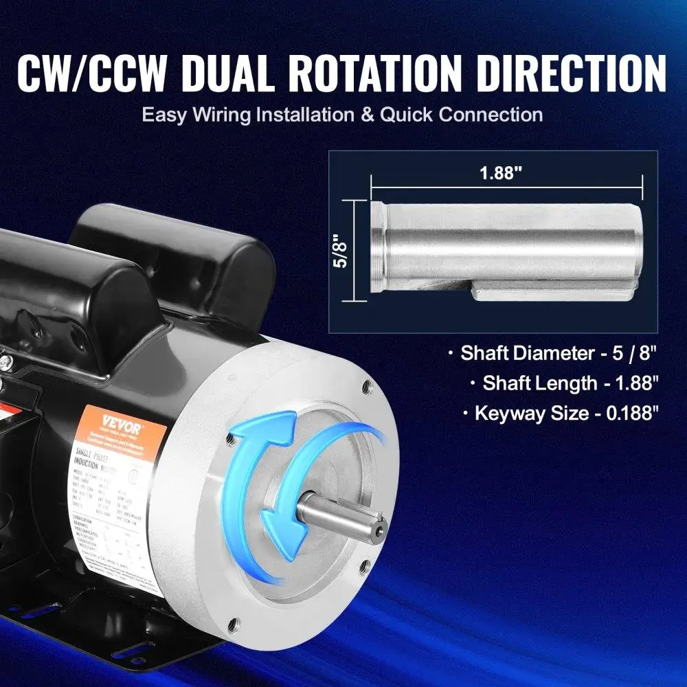 1. Electric Motor 3450 RPM, AC 115V/230V, Single Phase, 56C Frame, Keyed Shaft for Air Compressors & Machinery