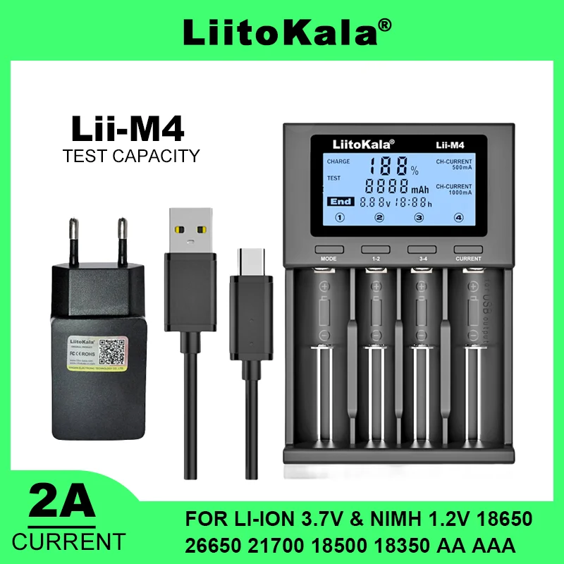 

Умное зарядное устройство LiitoKala с ЖК-дисплеем, 18650 в, 3,7, 26650, 18350, 21700 в, AA, AAA, 4 слота