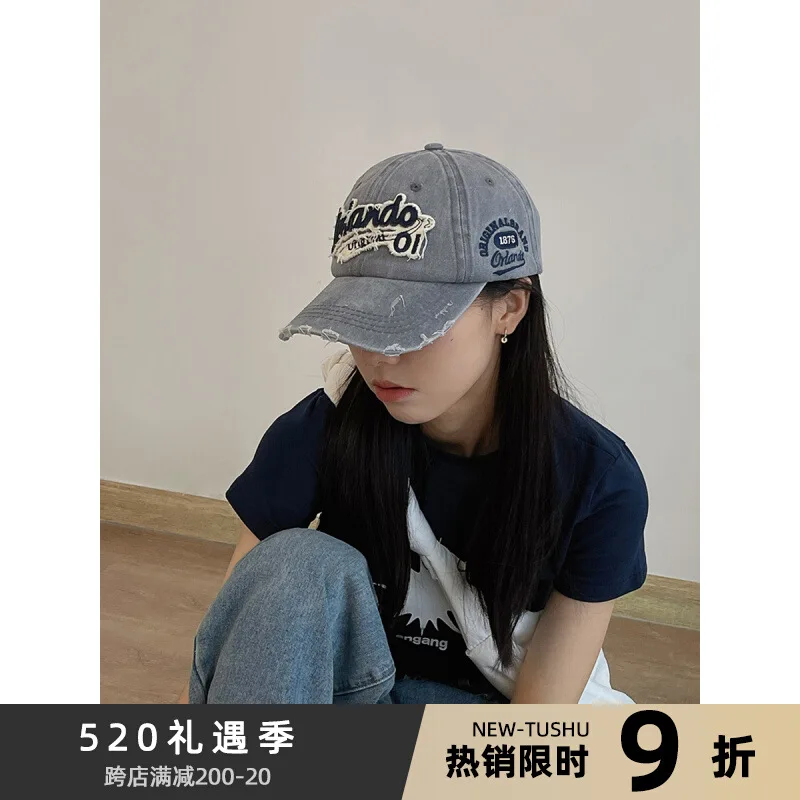 Qingqing American Atmosphere Law～Niche Broken Hole Design Peaked Cap Female Street Retro Plain Baseball Cap