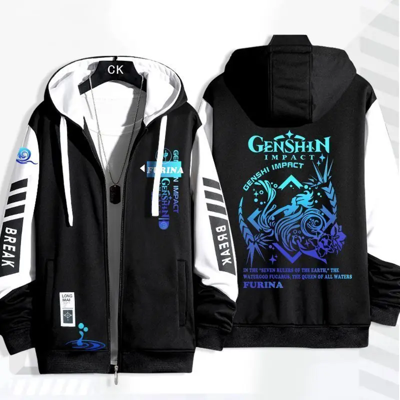 Anime Genshin Impact Focalors Jackets Autumn Winter Outerwear Fashion Hooded Outwear Slim Fit Hoody Birthday Gifts Boys Girls