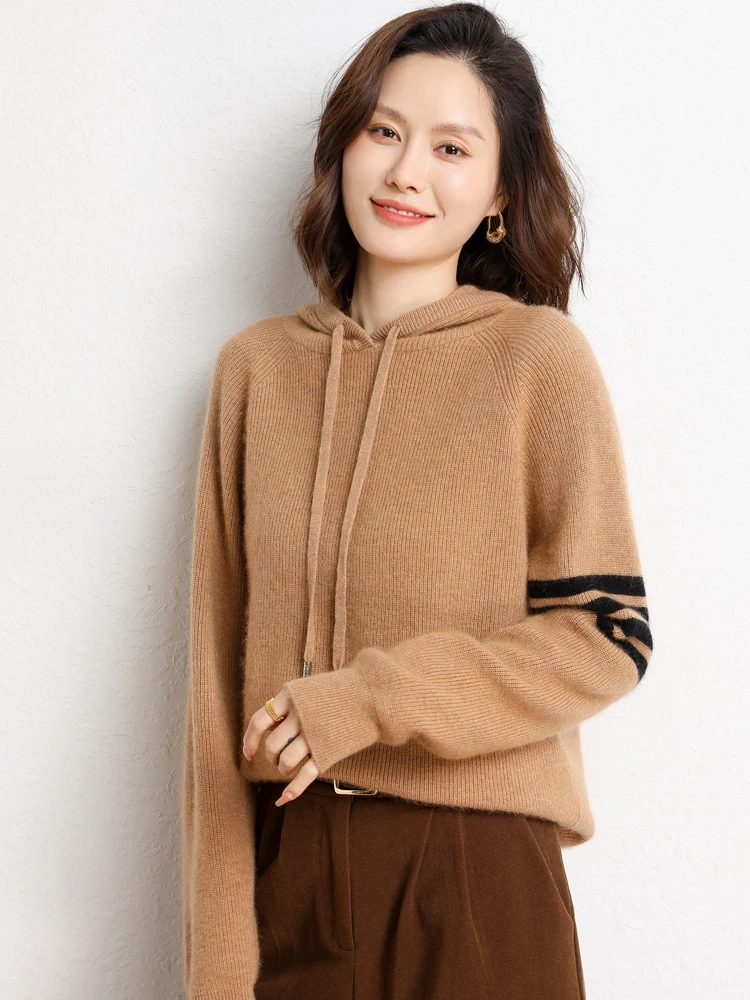 

Choice Women 100% Cashmere Sweater Hooded Pullover Raglan Sleeve Casual Loose Style Autumn Winter Cashmere Knitwear Korean Tops