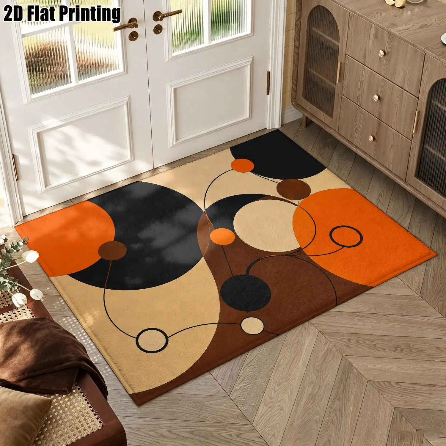 1Pc 2D Printed Geometric Abstract Carpet, Orange Black Brown Modern Nordic Style, Instagram Inspired Floor Mat, Home Decor, Multi Size Machine Washable, for Living Room Bedroom Dining Room Entrance