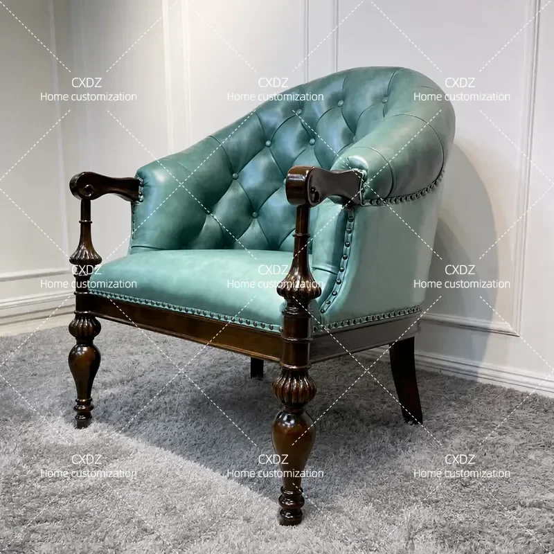American Solid Wood Leather Sofa Chair Luxury Living Room Leisure Armchair Villa Home Furniture Negotiation Seat