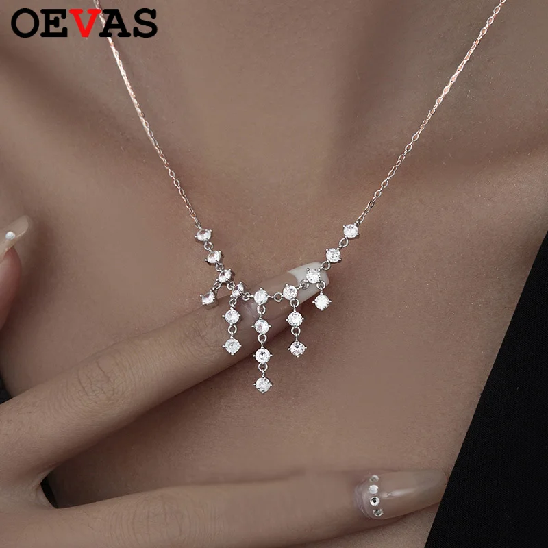 

OEVAS Full 3MM Moissanite Necklace For Women 925 Sterling Silver Lab Diamond Long Tassel Chain Wedding Party Fine Jewelry Gift