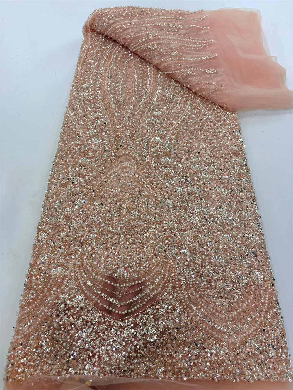 

Африканская ткань 2021, роскошная высококачественная сетчатая ткань в Дубае, персиковая свадебная кружевная ткань с бисером для свадебных платьев H148-1